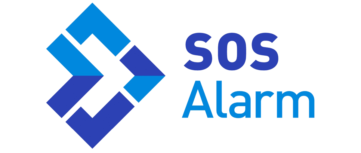SOS Alarm-logotyp med blå grafisk symbol och texten "SOS Alarm" i blå nyanser.