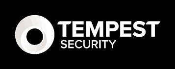 Tempest Security logotyp i vitt med cirkelformad symbol på svart bakgrund.