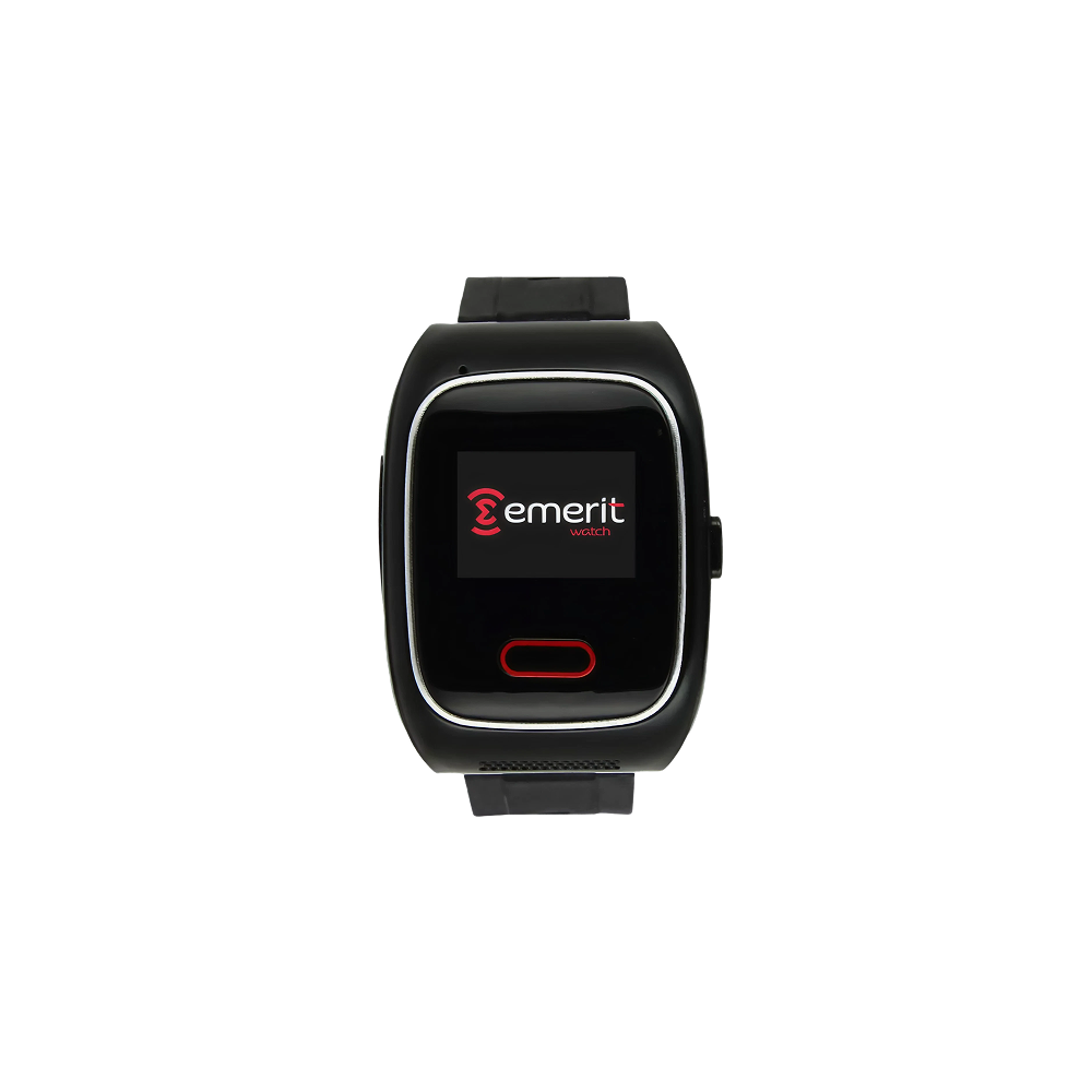 Svart smartklocka med texten "emerit watch" på displayen och en röd knapp under skärmen.