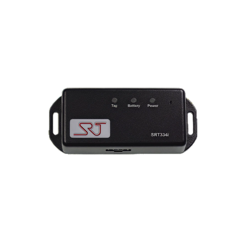 Svart elektronisk enhet med texten SRJ och tre indikatorlampor märkta Tag, Battery och Power.